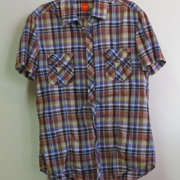 Vintage BOSS orange label short sleeve snap button up Large Size - Picture 1 of 8